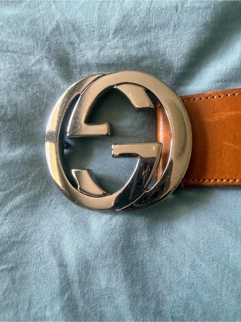 Gucci Tan Leather Belt with Silver Double G Buckle
